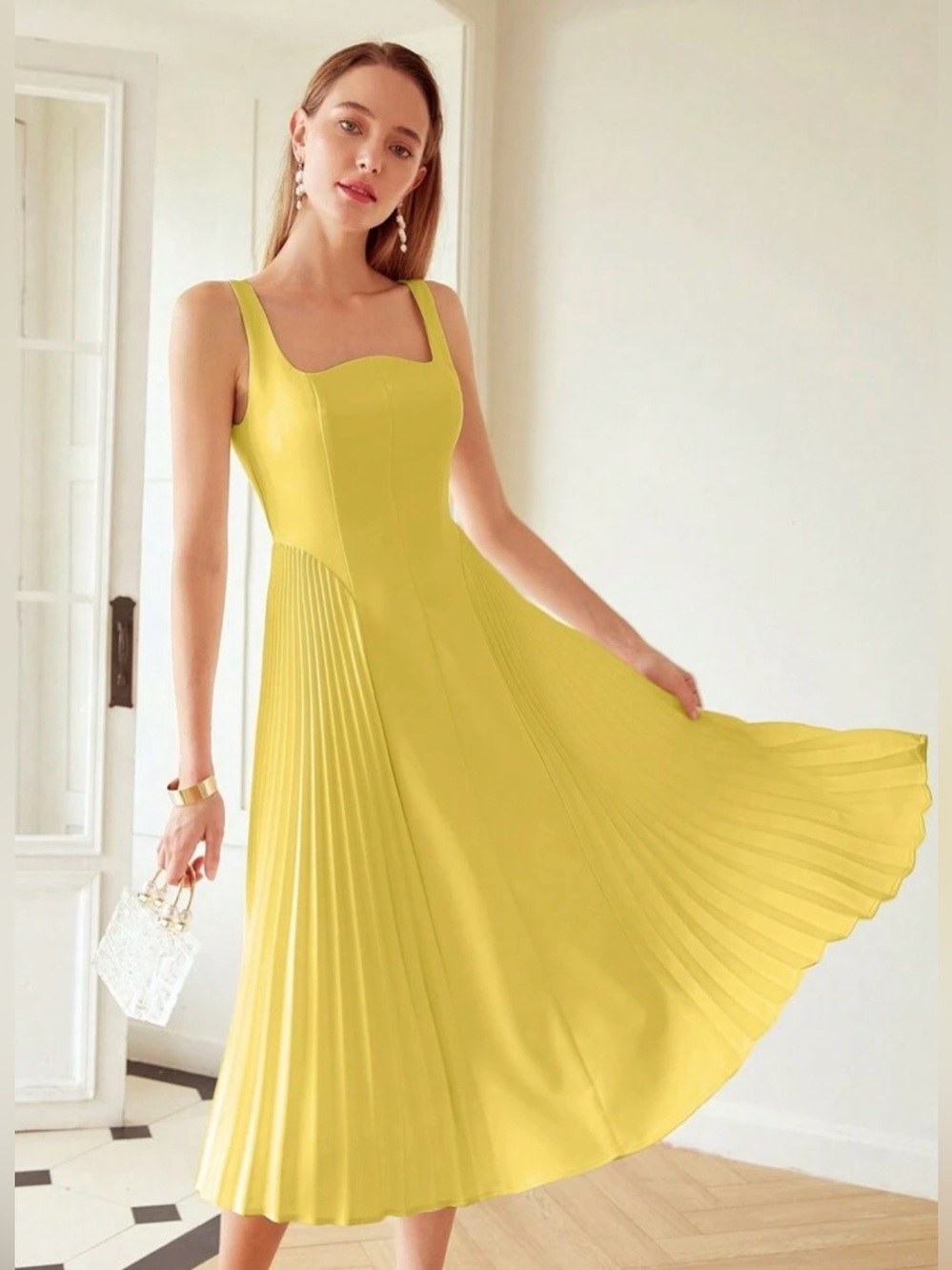 Sleeveless Yellow Pleated Midi Dress - Elegant Women's Summer Dress